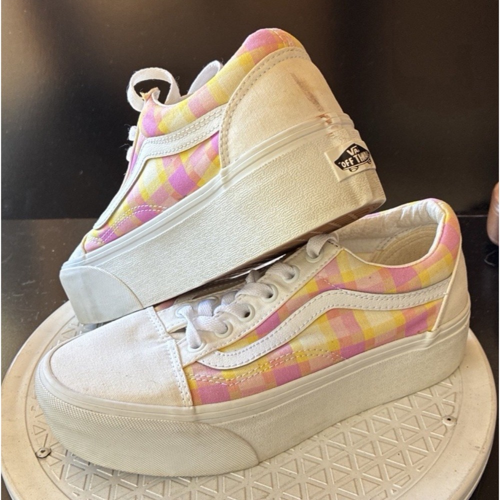 Vans Old Skool Stackform Women's Size 7.5 Pastel Pink Yellow Plaid Sneaker (RA7)